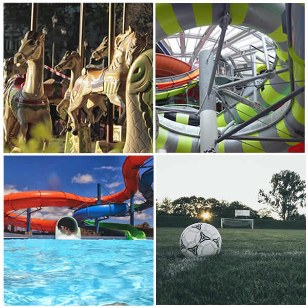 imagen redonda con cuatro lugares de esparcimiento para niños en CABA: calesitas, parques acuáticos, laberinto y cancha de fútbol